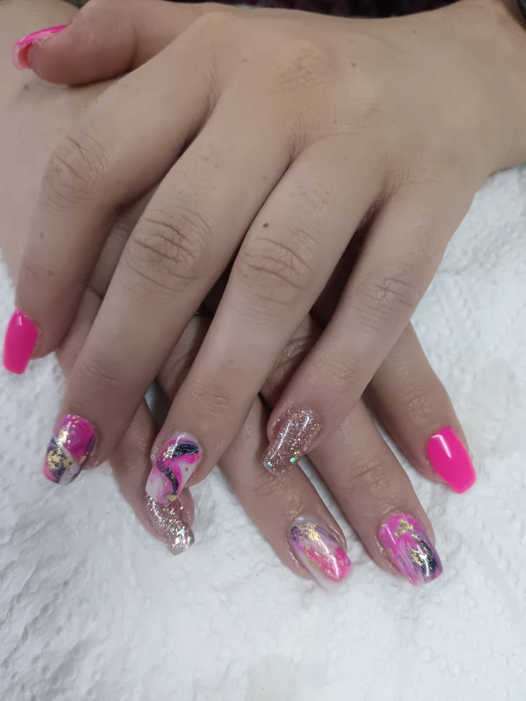 Nails done at Neon Moon Nail & Beauty, Sasolburg: hot pink with abstract swirls