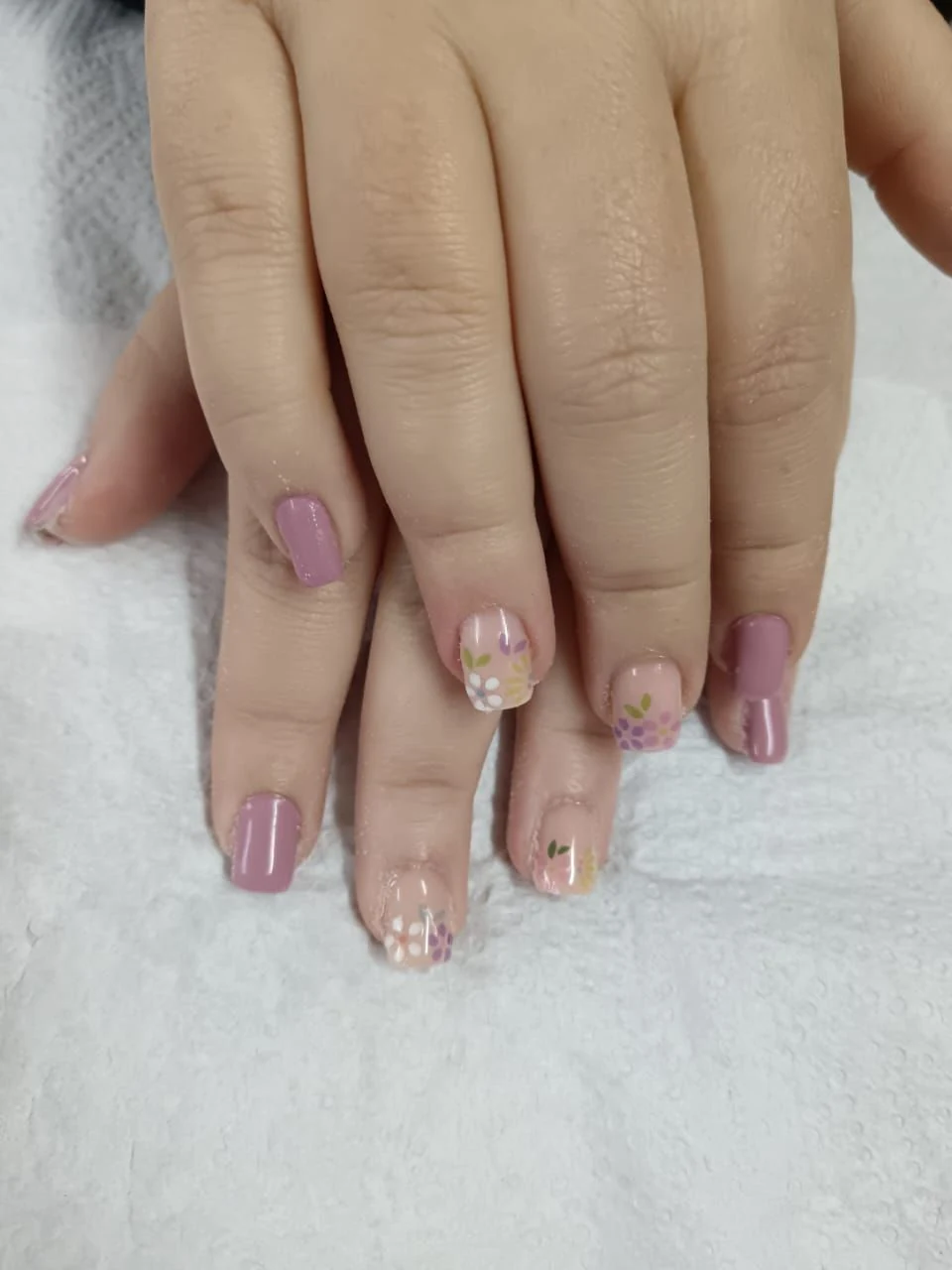 Nails done at Neon Moon Nail & Beauty, Sasolburg: mauve and nude with tiny painted flowers